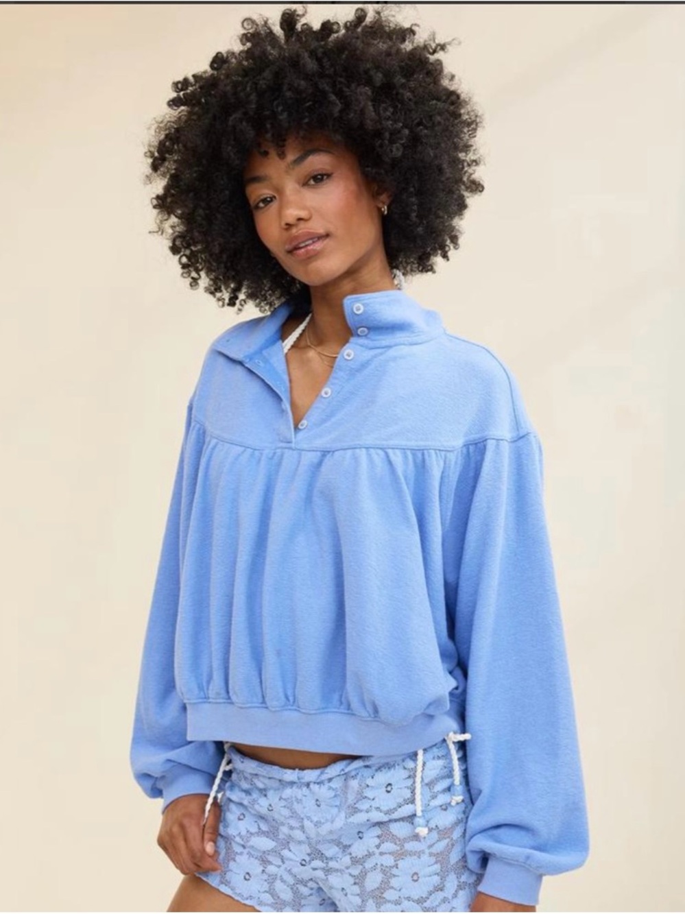 Cozy Light Blue Button-Front Fleece Pullover